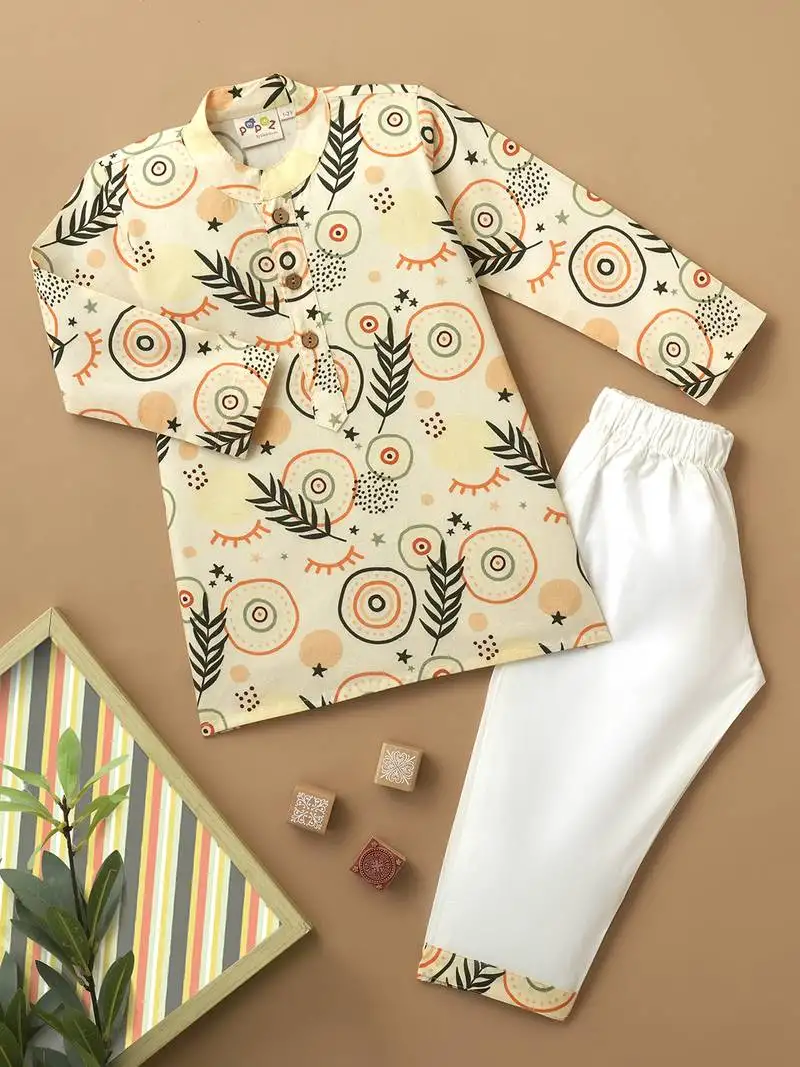Boys cream leaf and circle printed cotton kurta pyjama set