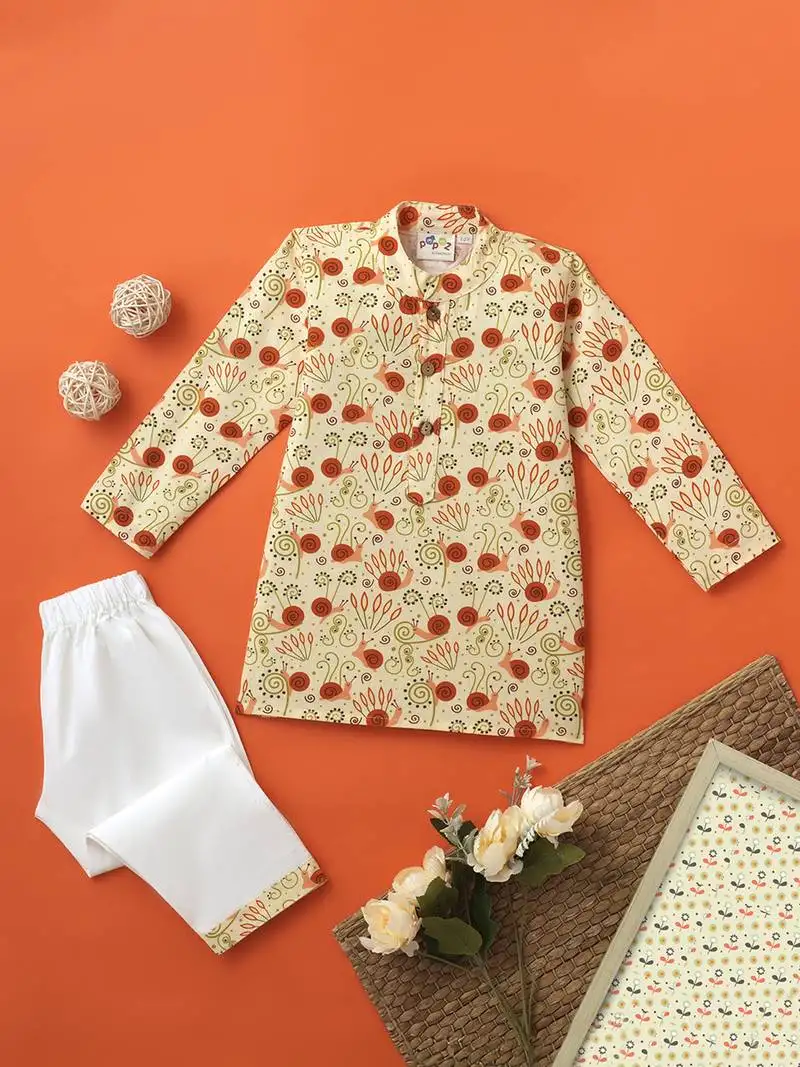 Boys beige snail garden printed cotton kurta pyjama set