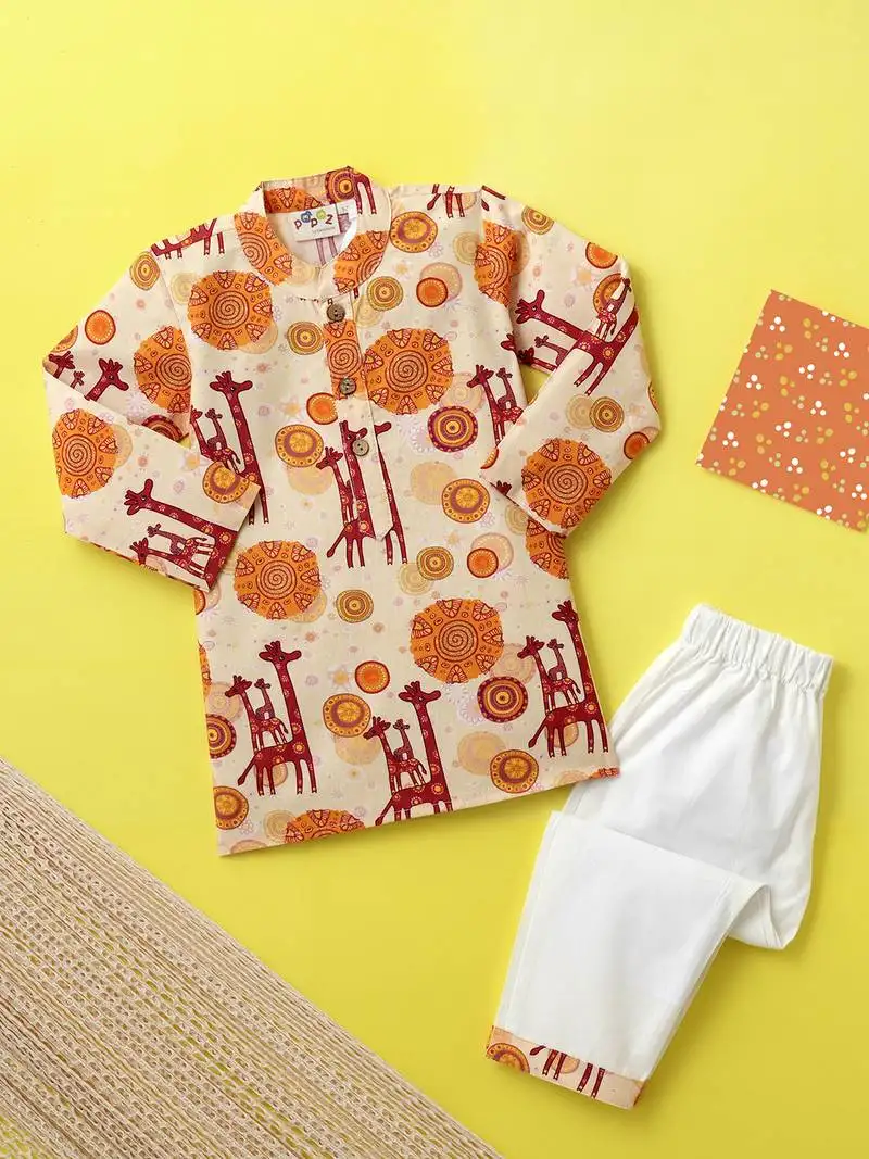 Boys cream giraffe printed cotton kurta pyjama set