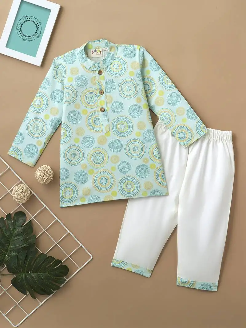 Boys turquoise mandala circle printed cotton kurta pyjama set