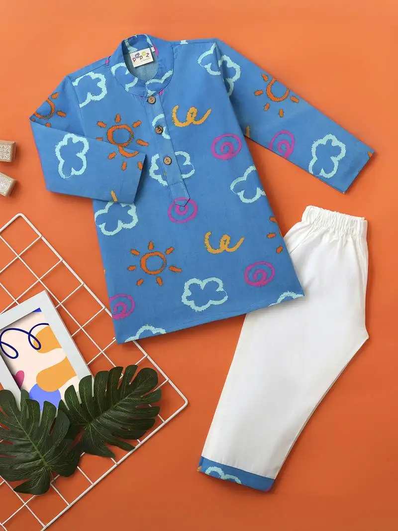 Boys blue sun and cloud printed cotton kurta pyjama set