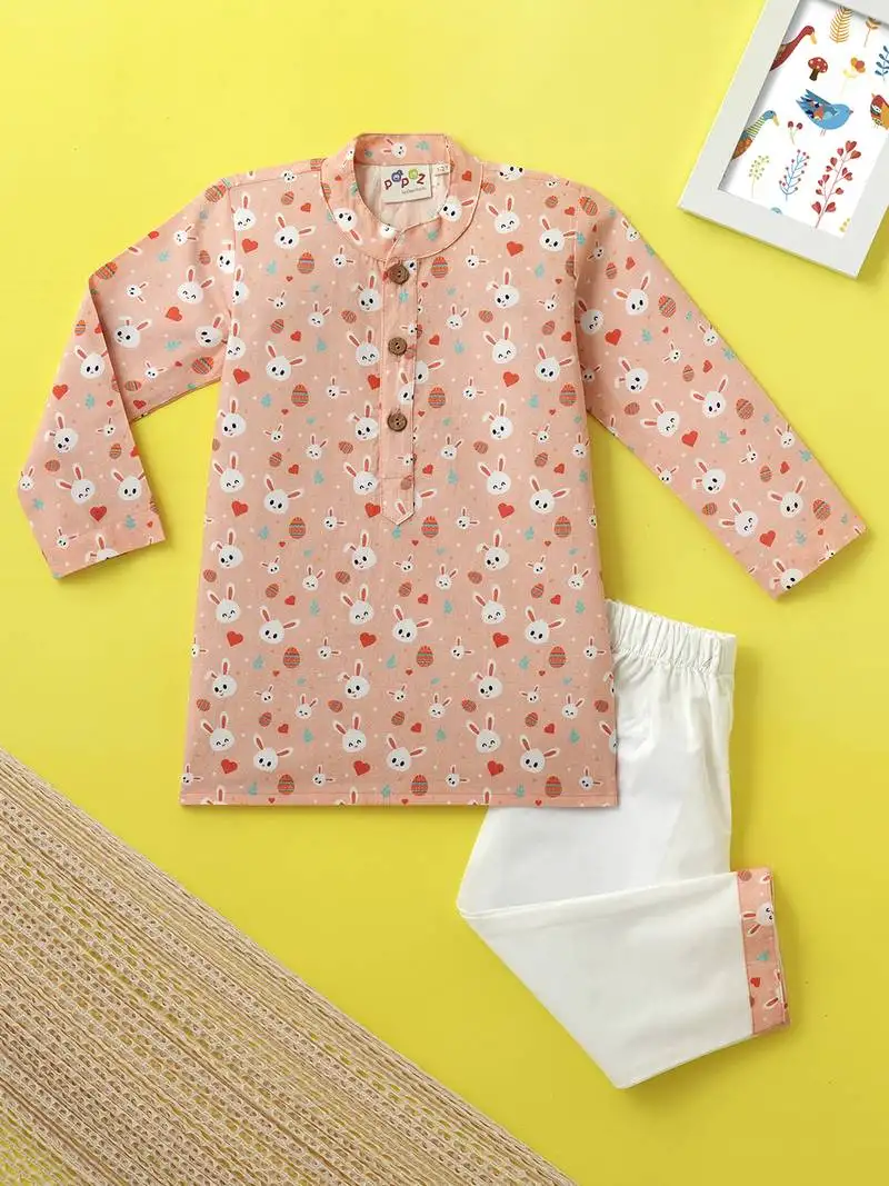 Boys peach bunny printed cotton kurta pyjama set