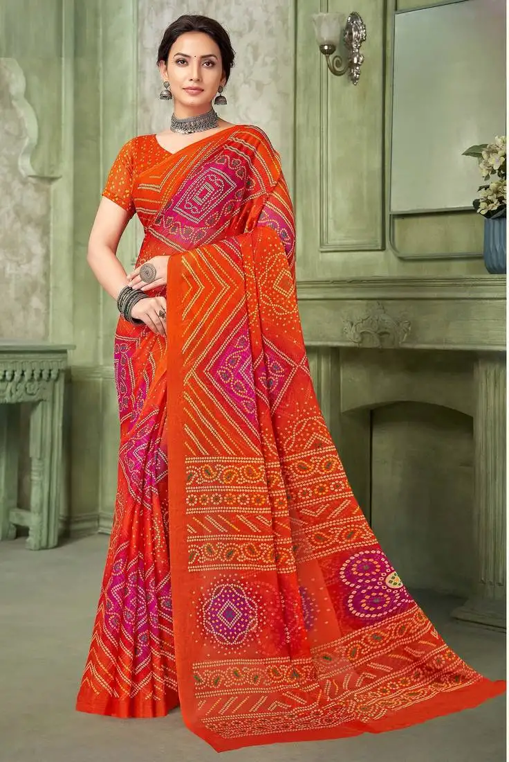 Orange pink chiffon bandhani double shaded printed saree with blouse