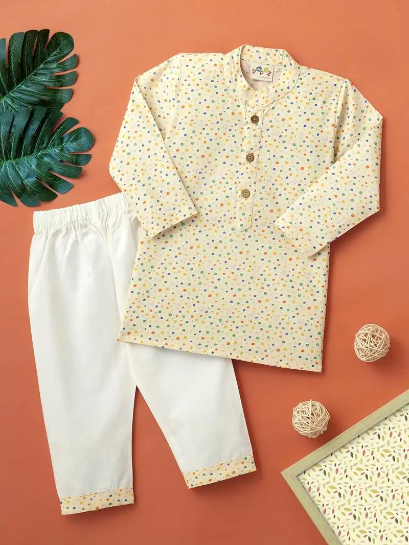 Boys cream polka dots printed cotton kurta pyjama set