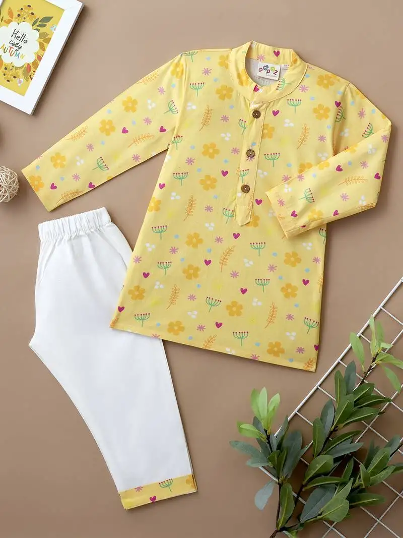 Boys yellow petals and hearts printed cotton kurta pyjama set