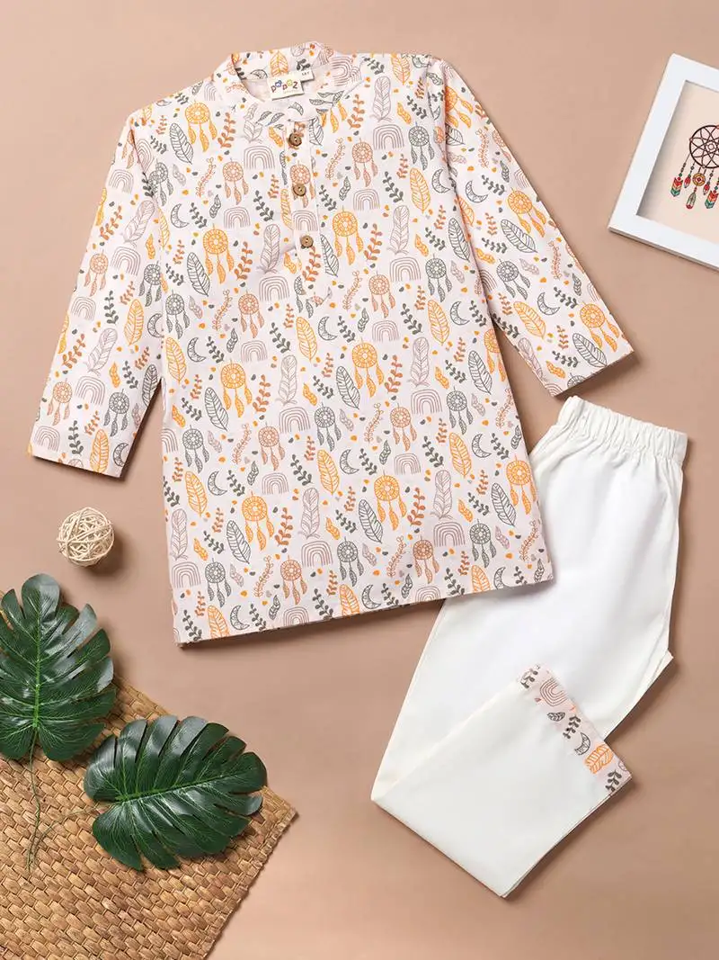 Boys pink floral leaves printed cotton kurta pyjama set