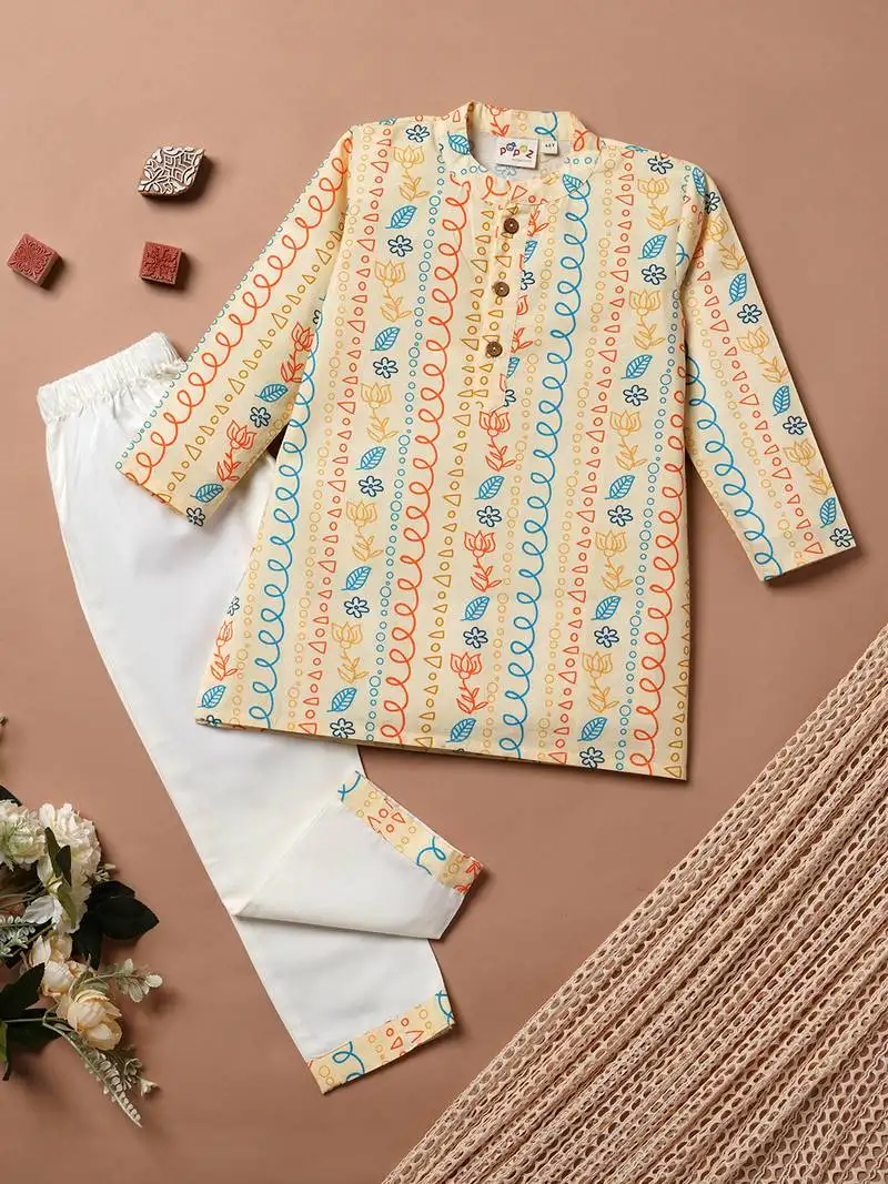 Boys yellow boho string floral printed cotton kurta pyjama set