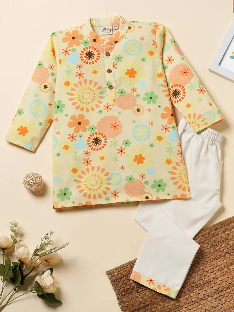 Boys yellow floral printed cotton kurta pyjama set