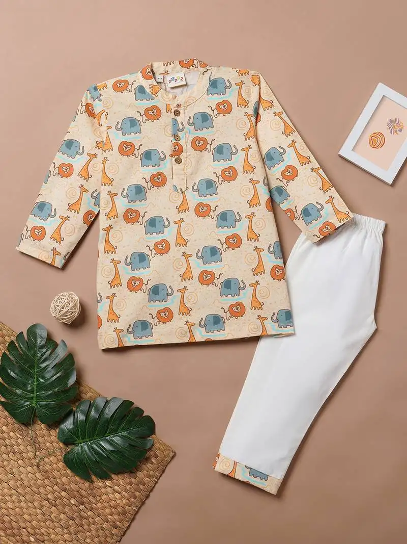Boys yellow lion and elephant printed cotton kurta pyjama set