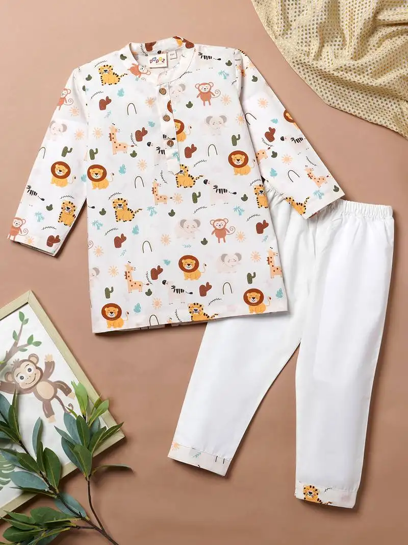 Boys white tiger and lion printed cotton kurta pyjama set