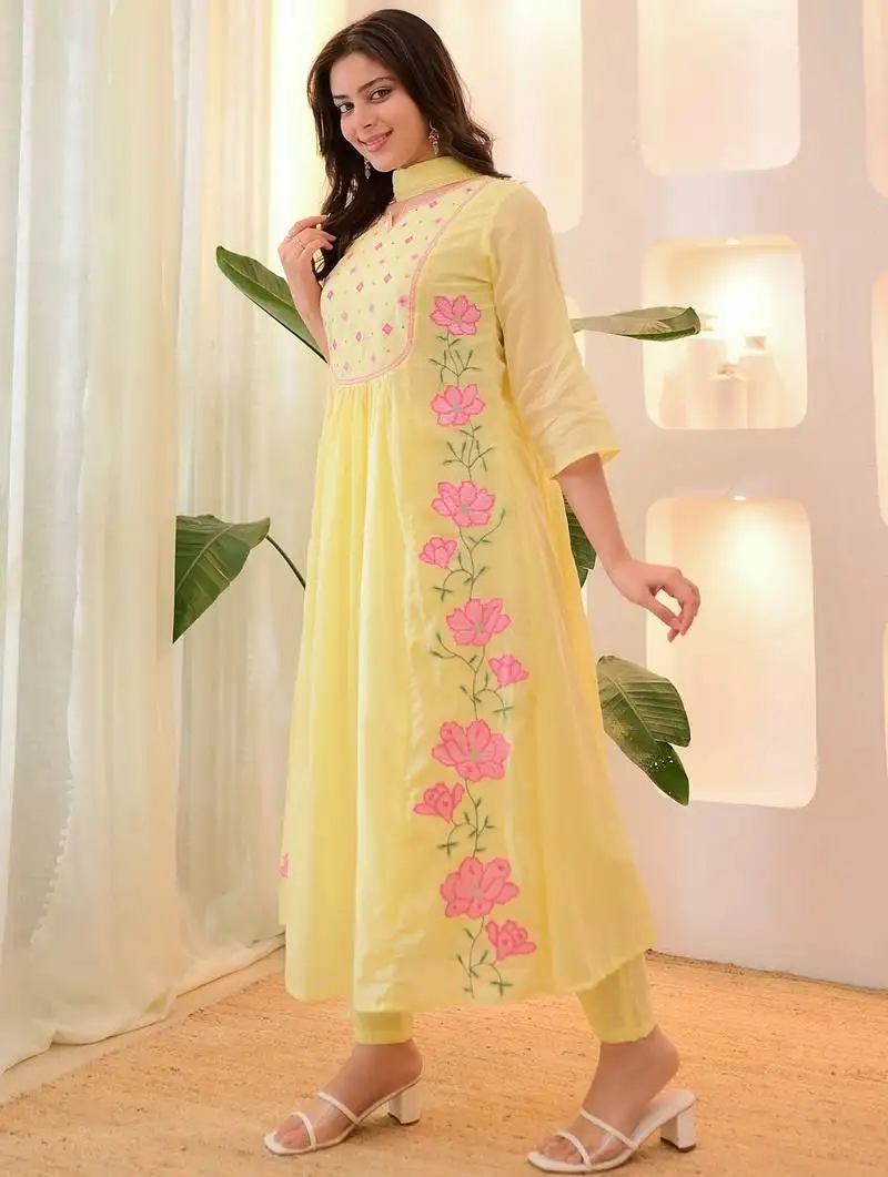 Yellow parampara silk heavy thread embroidery work kurta pant set