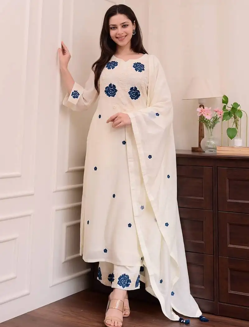 Cream rayon slub heavy thread embroidery work kurta pant set
