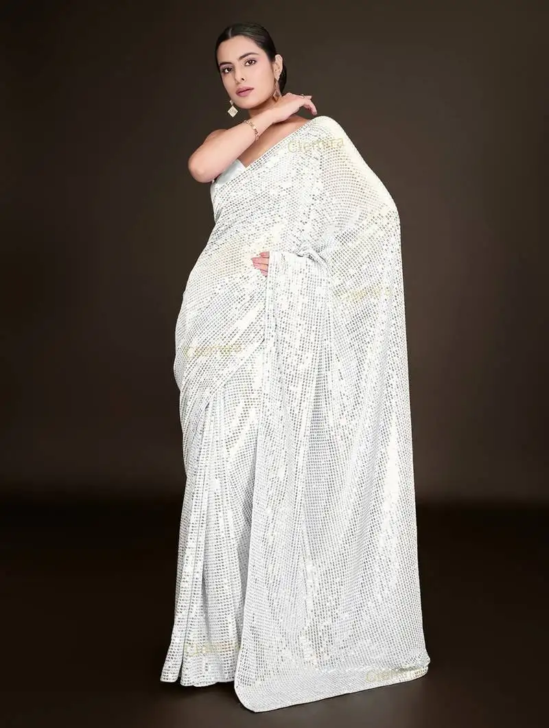 Embellished white color bollywood georgette saree with unstiched blouse