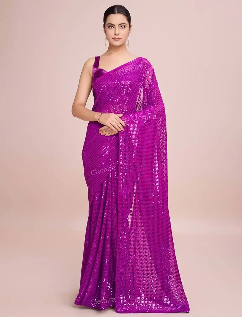 Embellished rani pink color bollywood georgette saree with unstiched blouse