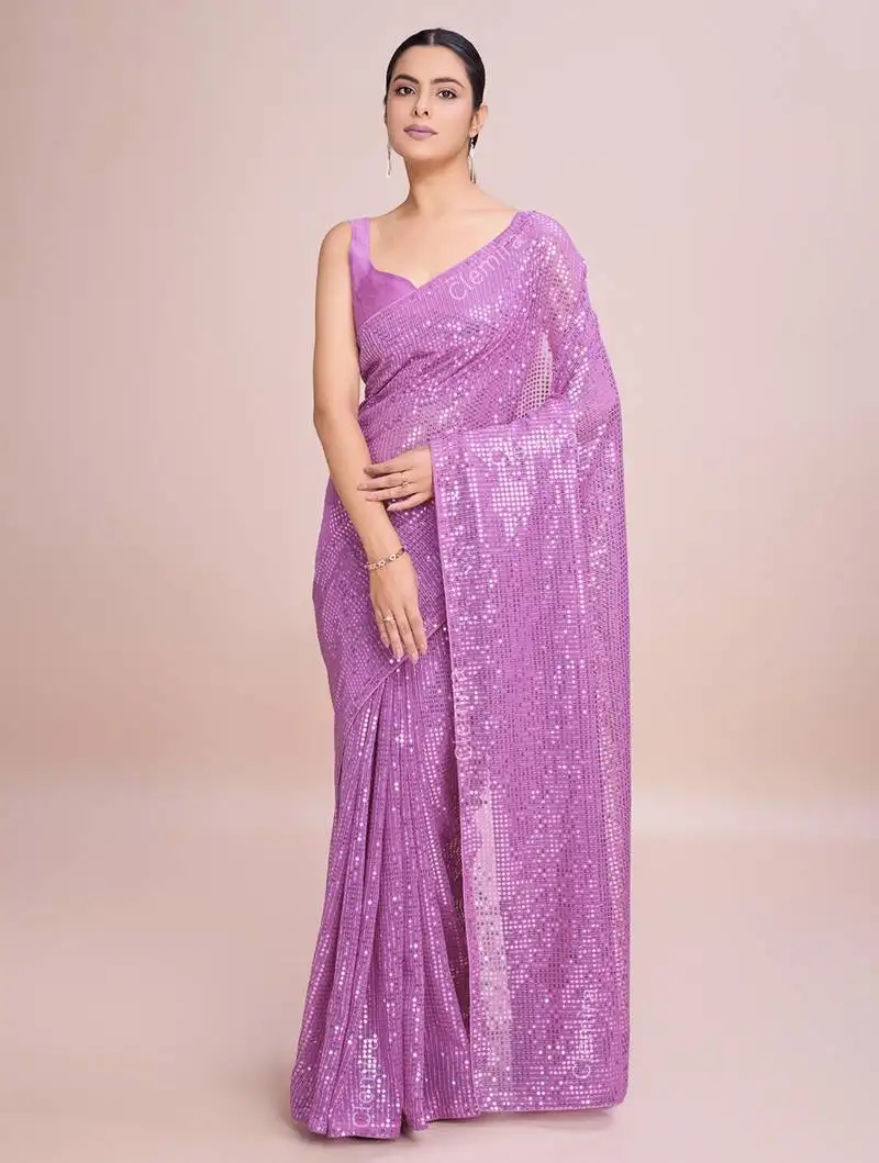 Embellished onion color bollywood georgette saree with unstiched blouse