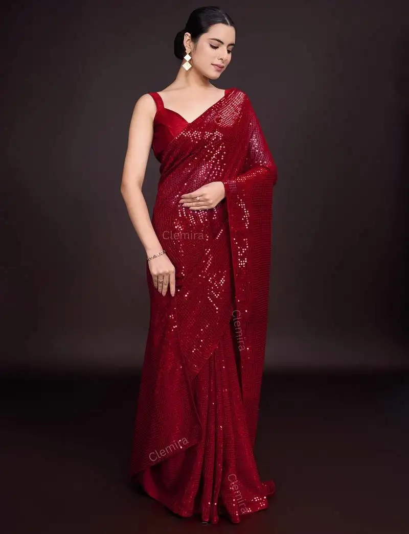 Embellished maroon color bollywood georgette saree with unstiched blouse