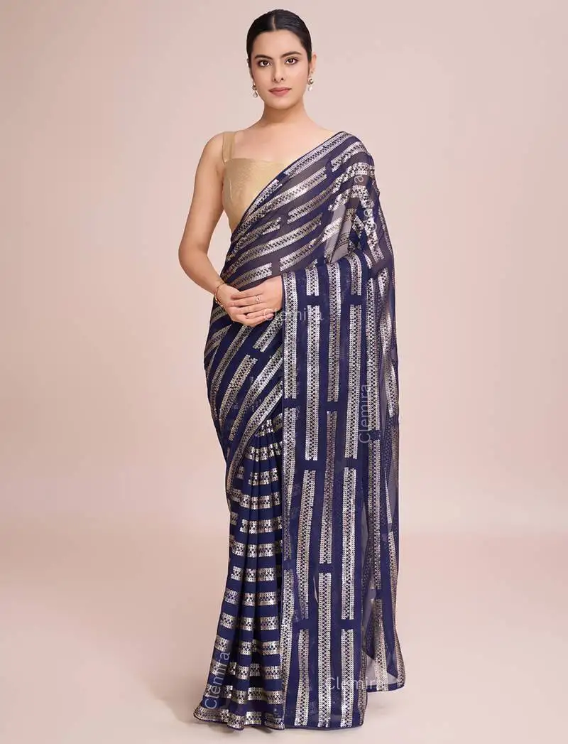 Embellished blue color bollywood georgette saree with unstiched blouse