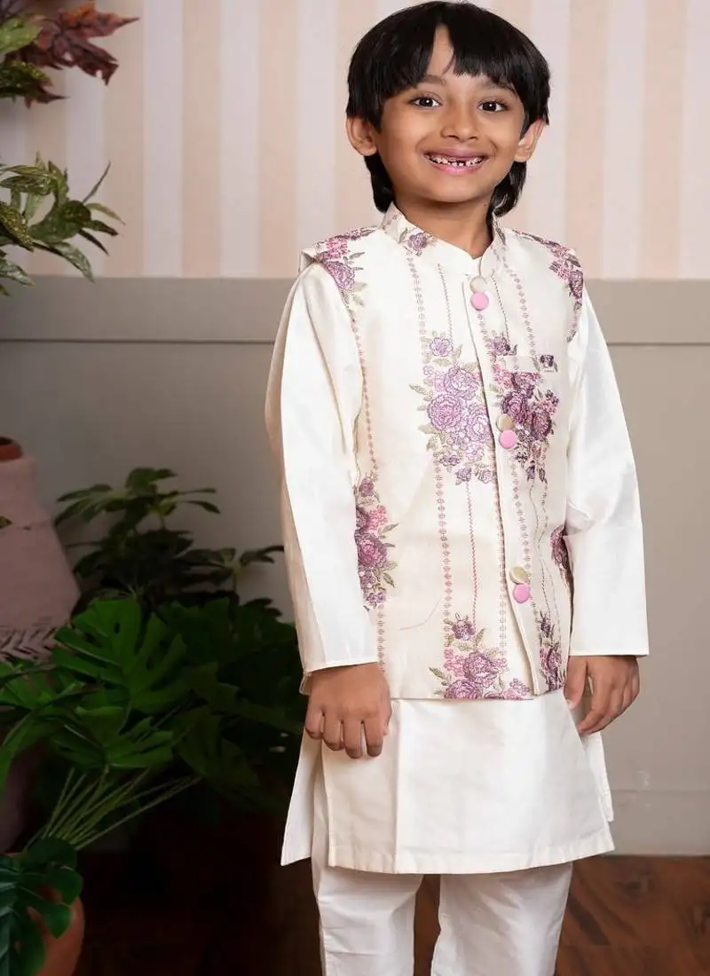 White embroidered chanderi nehru jacket set