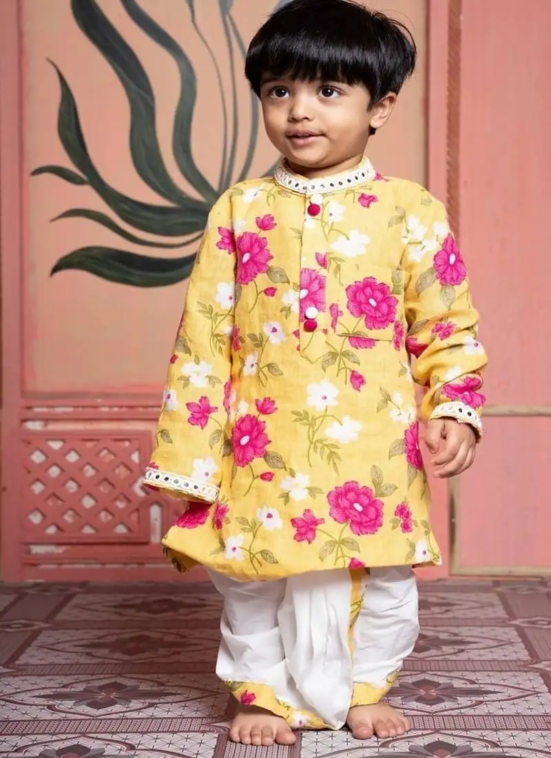 Yellow printed chanderi kurta pyjama