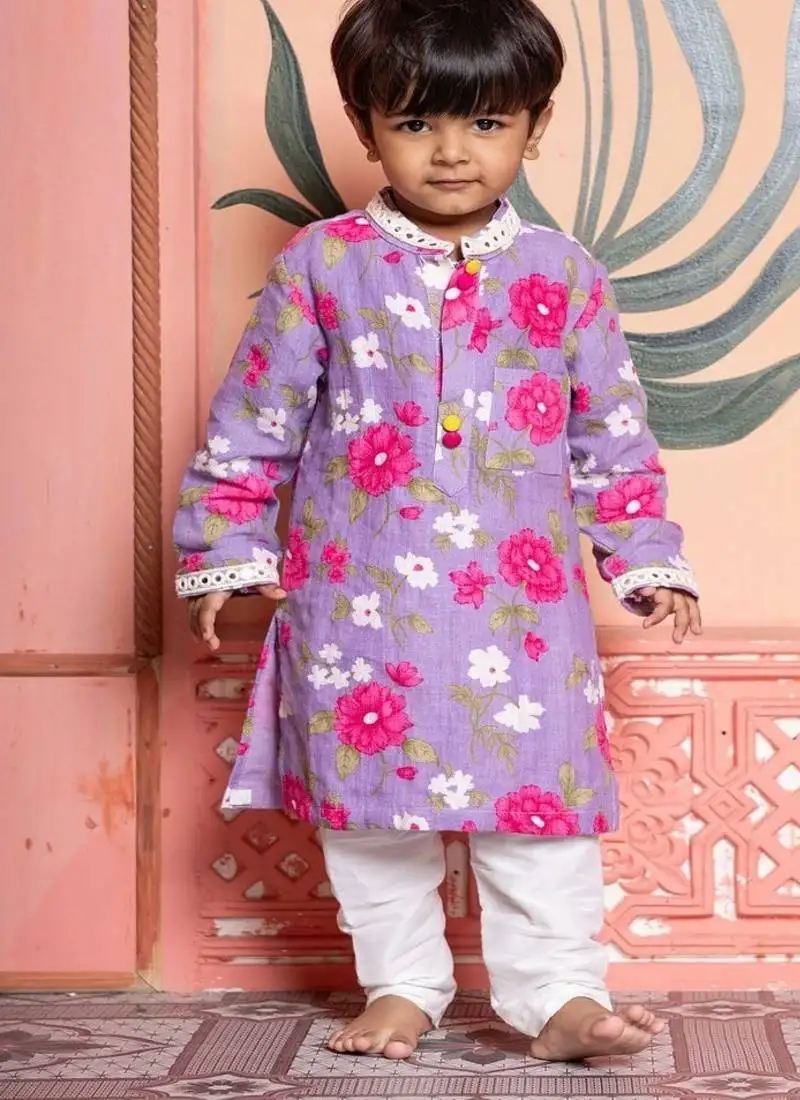 Purple printed silk kurta pyjama
