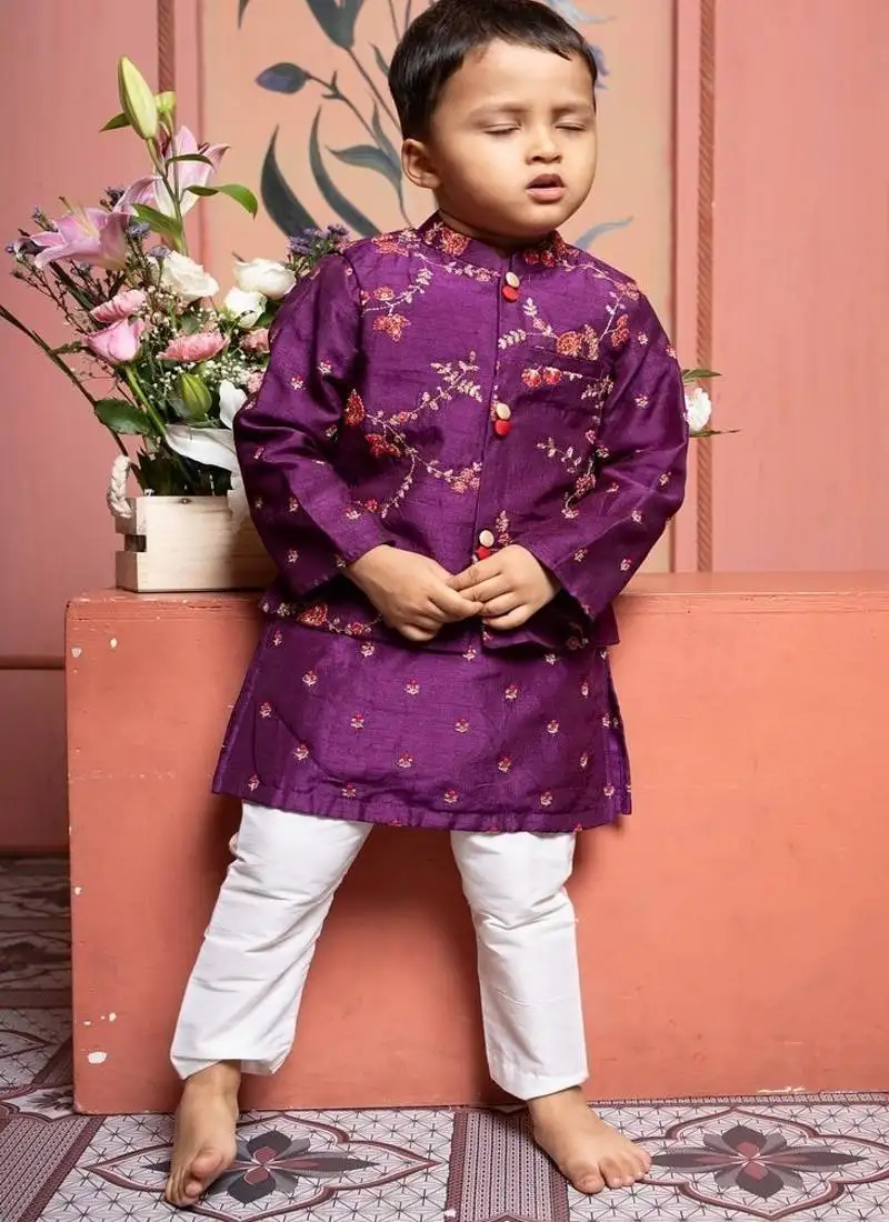 Purple embroidered linen nehru jacket set