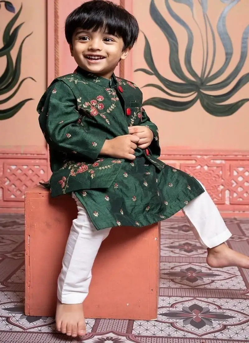 Green embroidered satin nehru jacket set