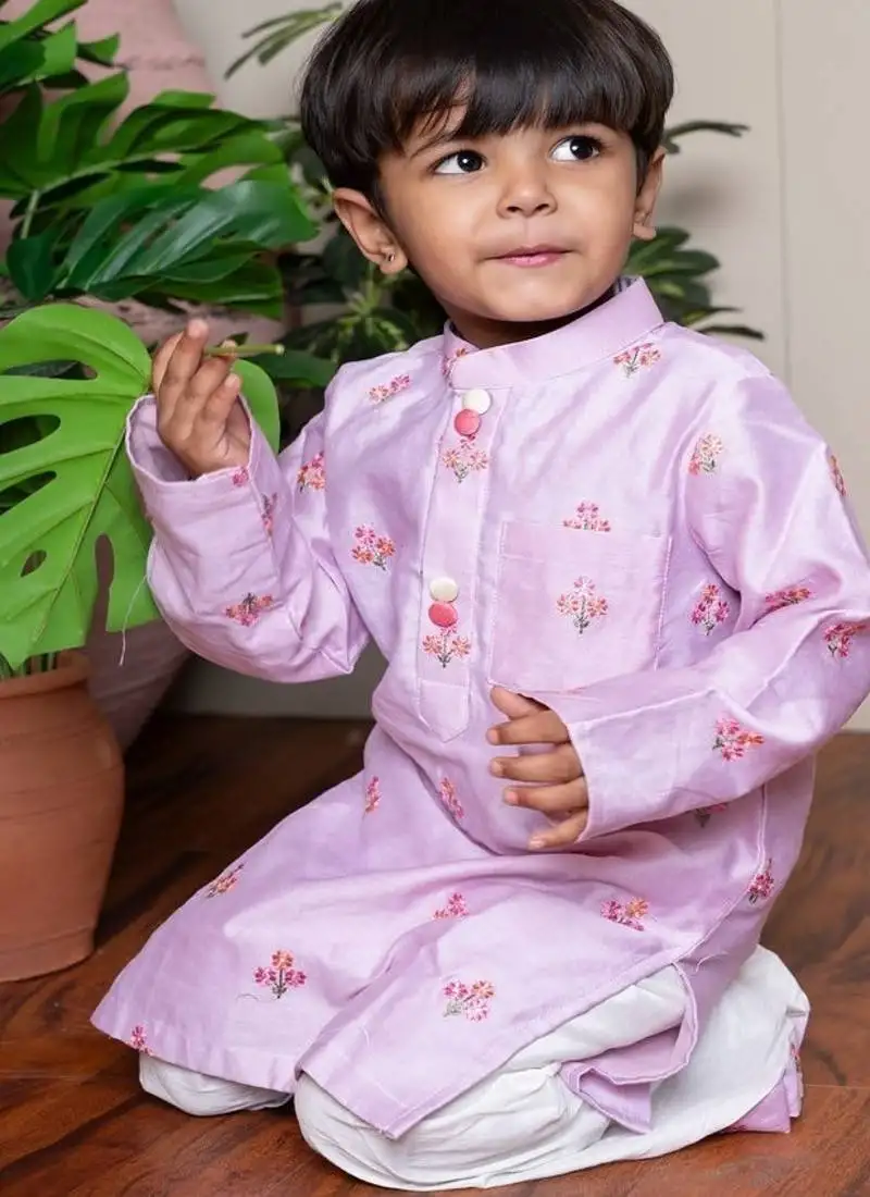 Purple embroidered satin kurta pyjama