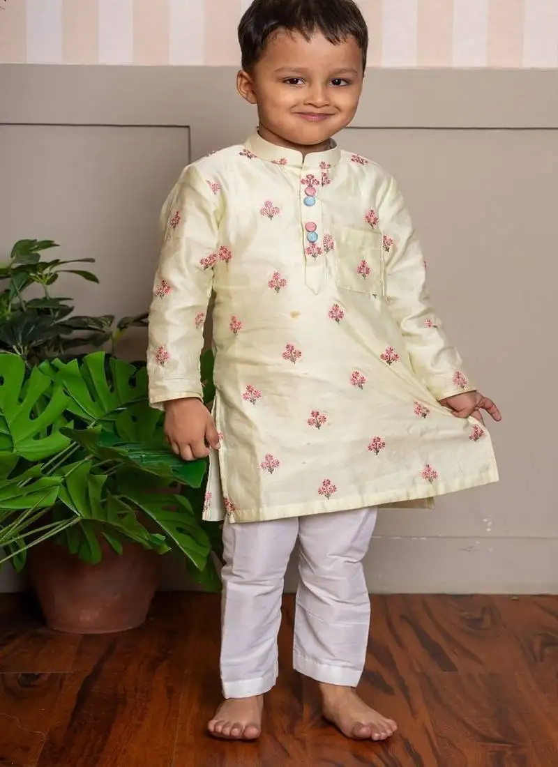 Yellow embroidered chanderi kurta pyjama
