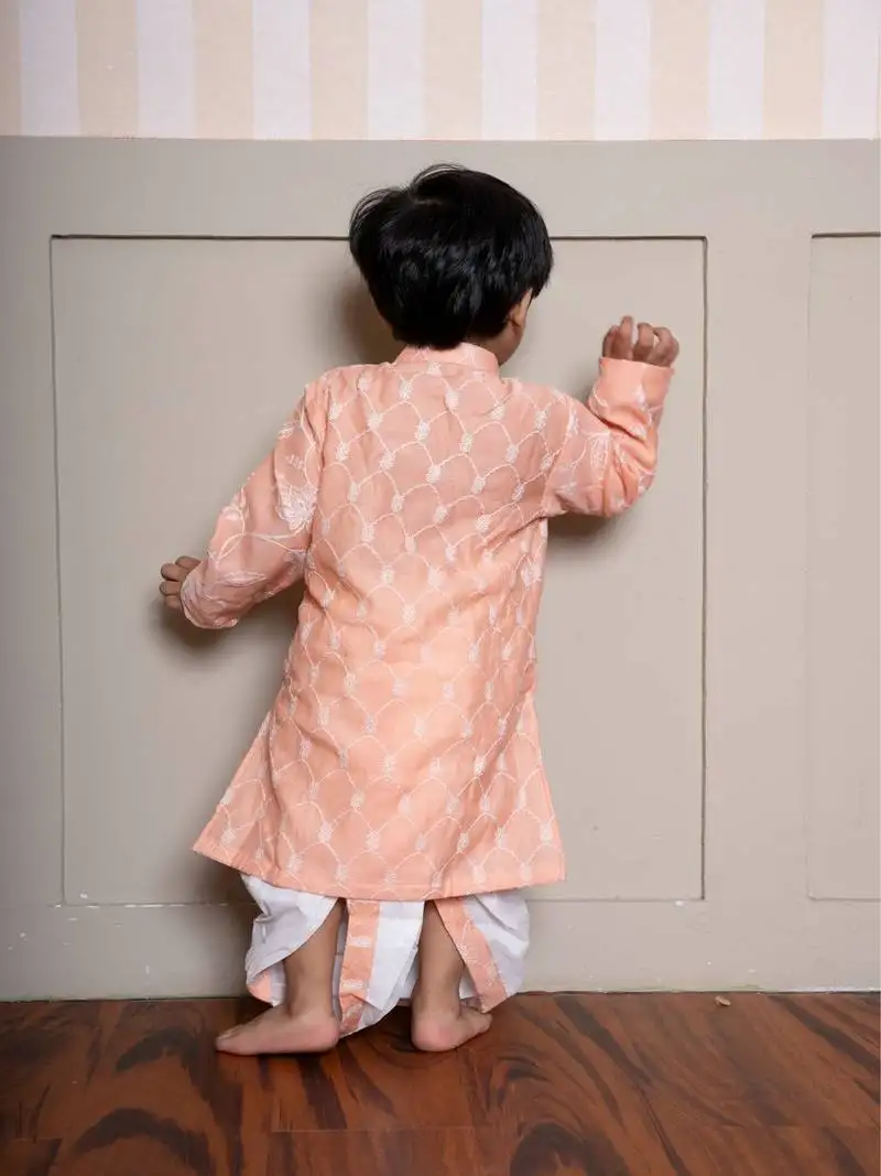 Peach embroidered silk kurta pyjama