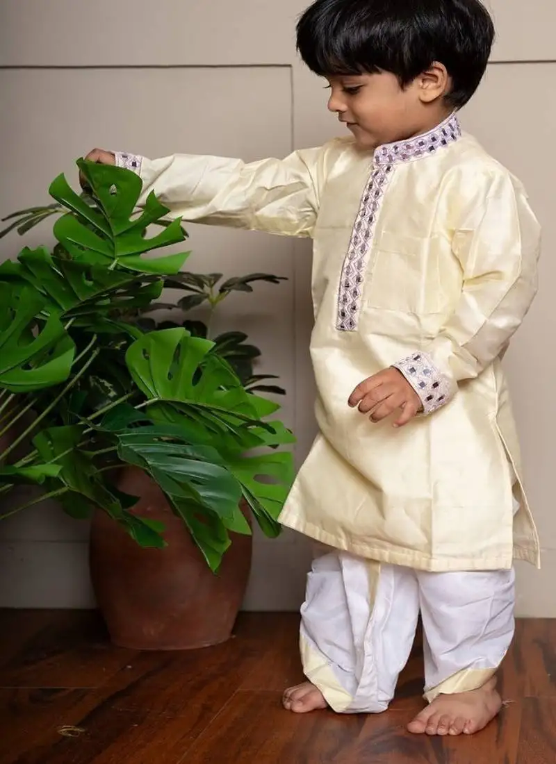 Yellow plain silk kurta pyjama