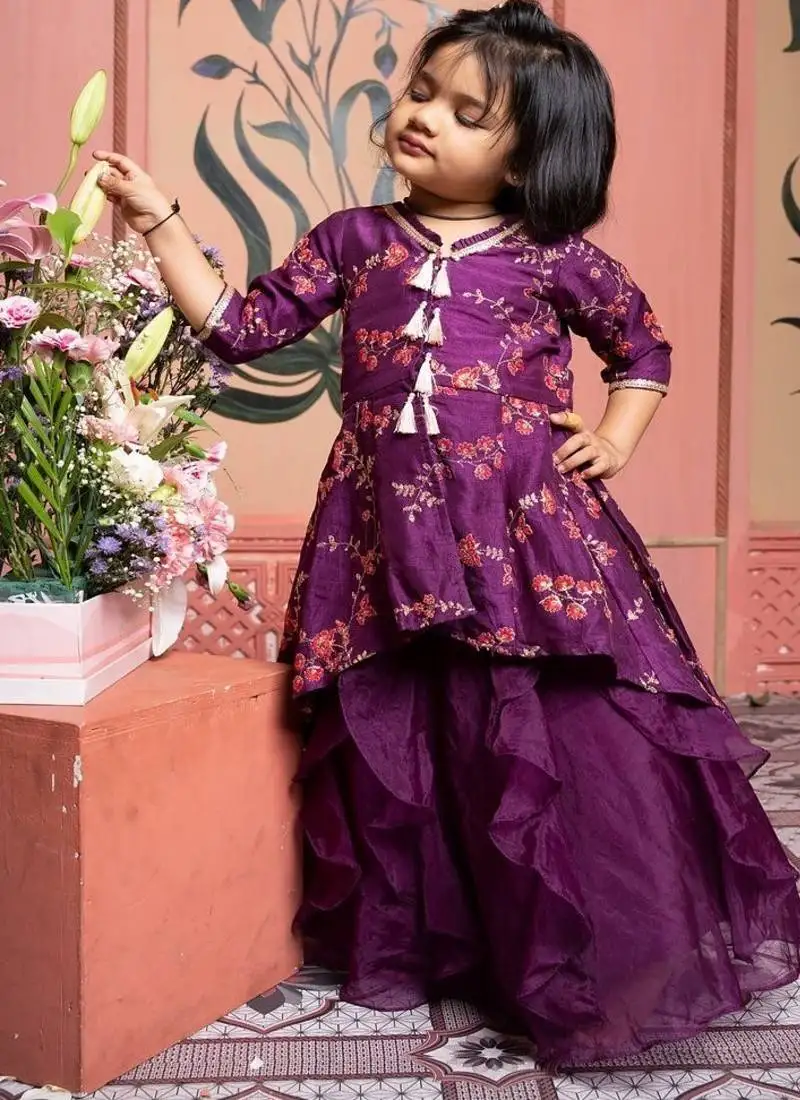 Purple printed silk lehenga with top