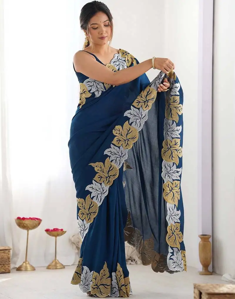 Designer chiffon silk heavy jari work blue color saree