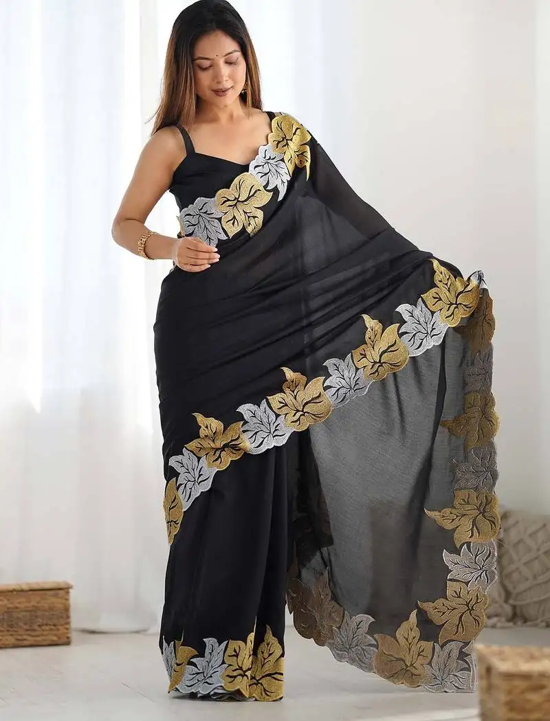 Designer chiffon silk heavy jari work black color saree