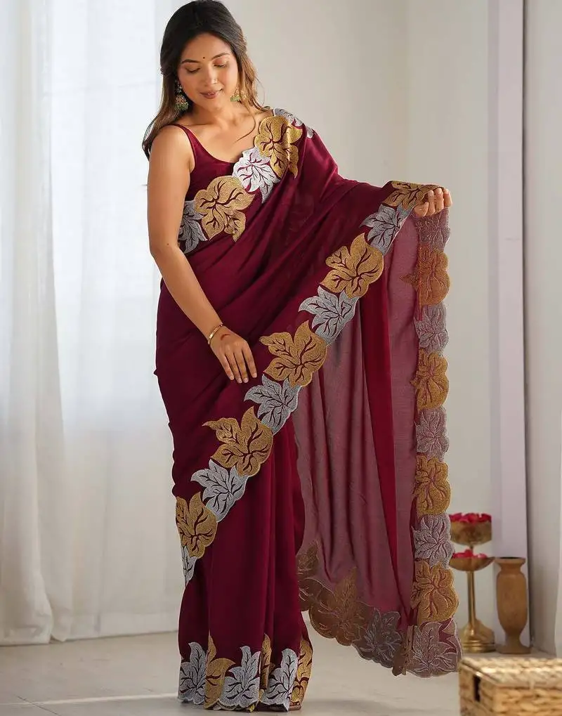 Designer chiffon silk heavy jari work magenta color saree