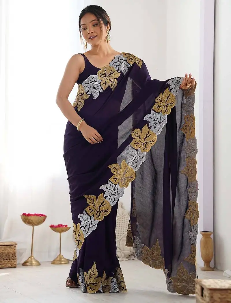 Designer chiffon silk heavy jari work purple color saree