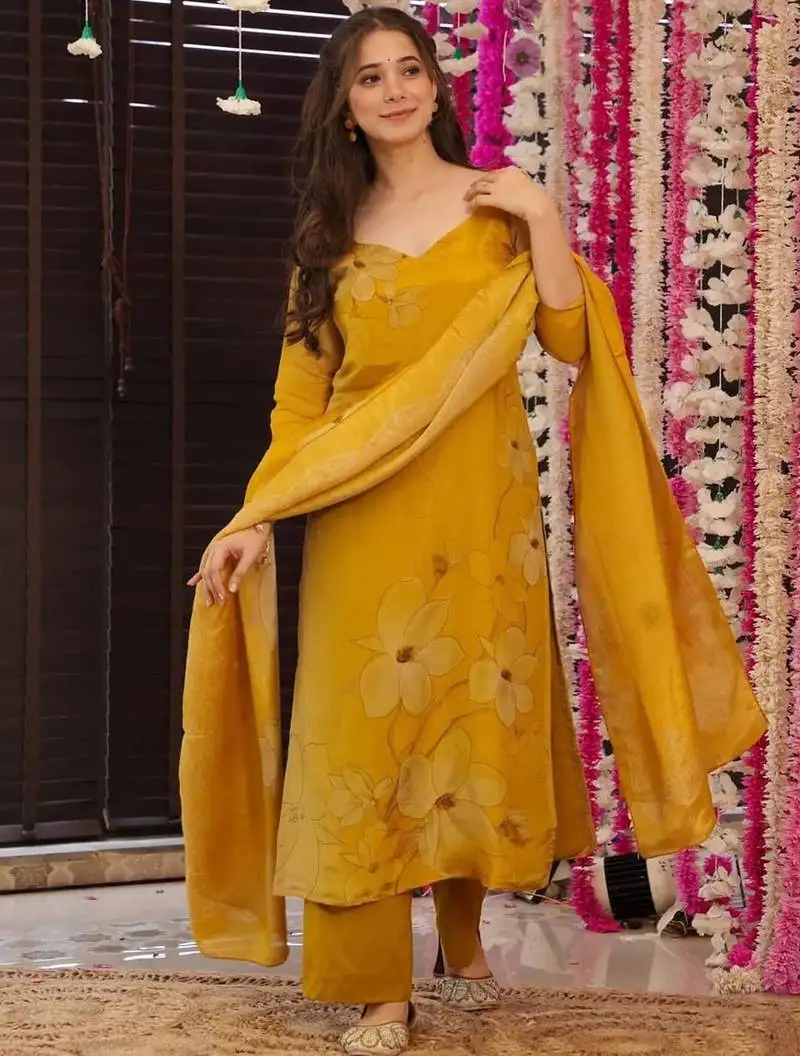 Yellow silk printed kurta pant set