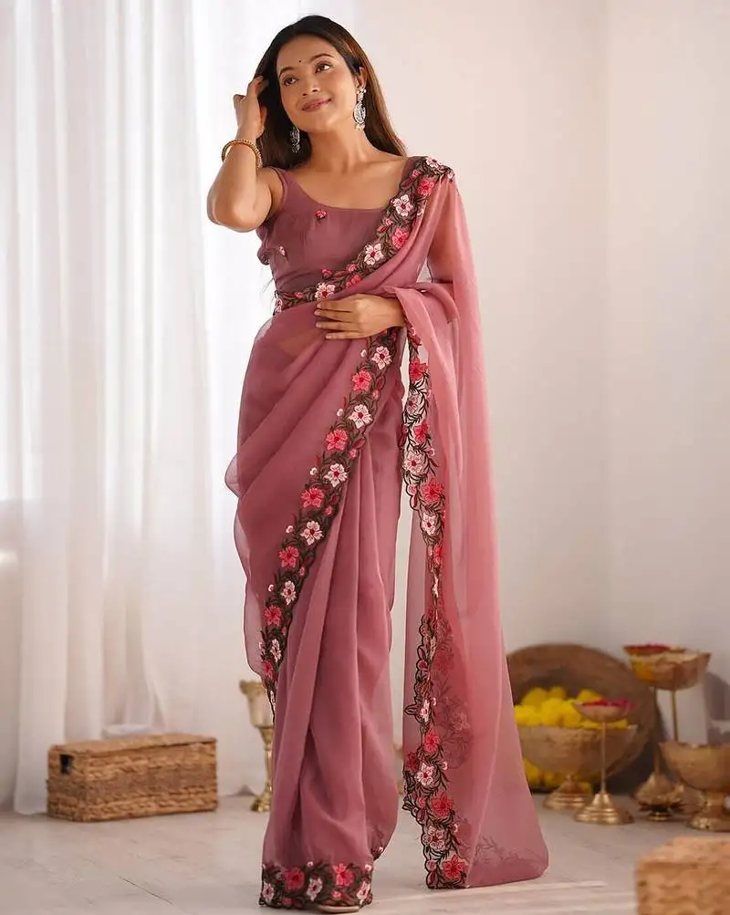 Designer heavy embroidery border tissue pink saree