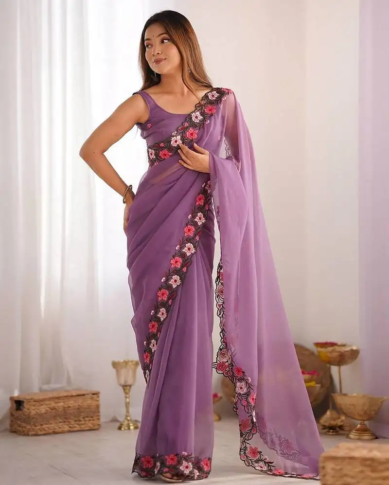 Designer heavy embroidery border tissue purple saree