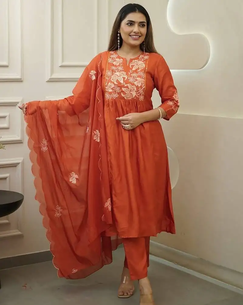 Orange chinon heavy thread embroidery work kurta pant set