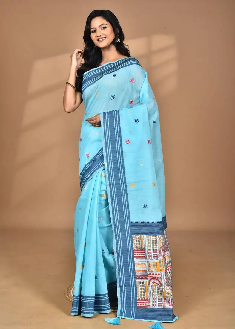 Blue chanderi silk blend saree with blouse piece