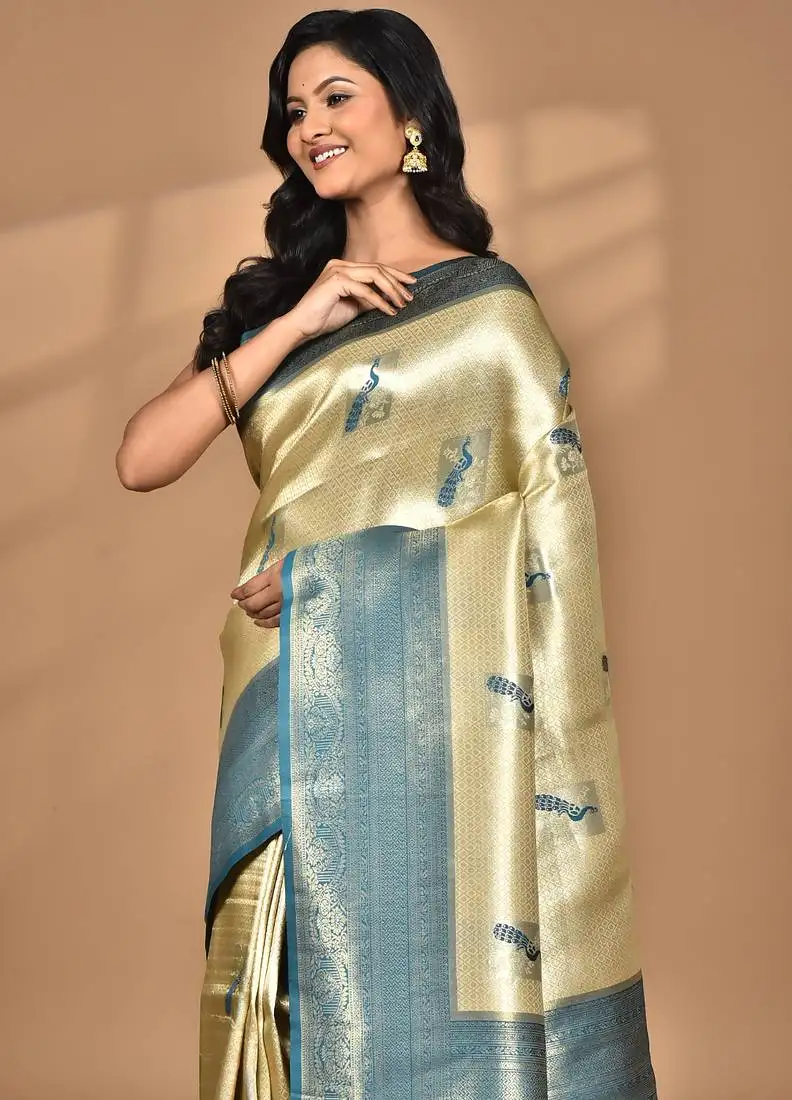 Beige banarasi silk blend saree with blouse piece