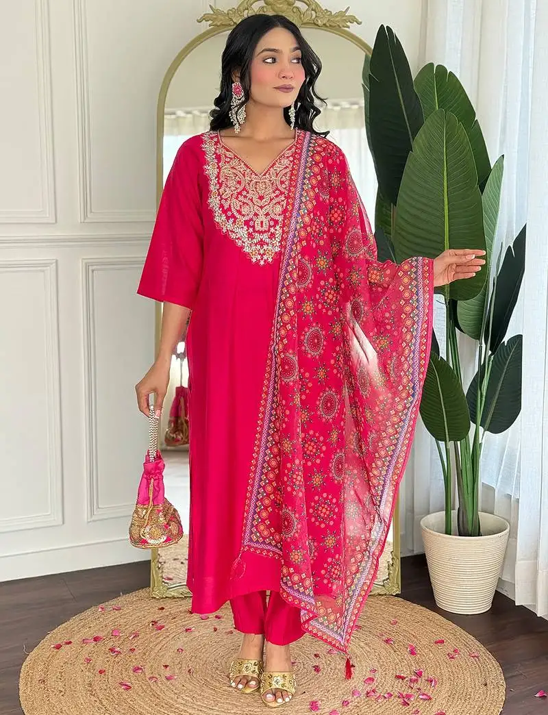 Rani pink viscose blend heavy thread embroidery work with printed dupatta kurta pant set