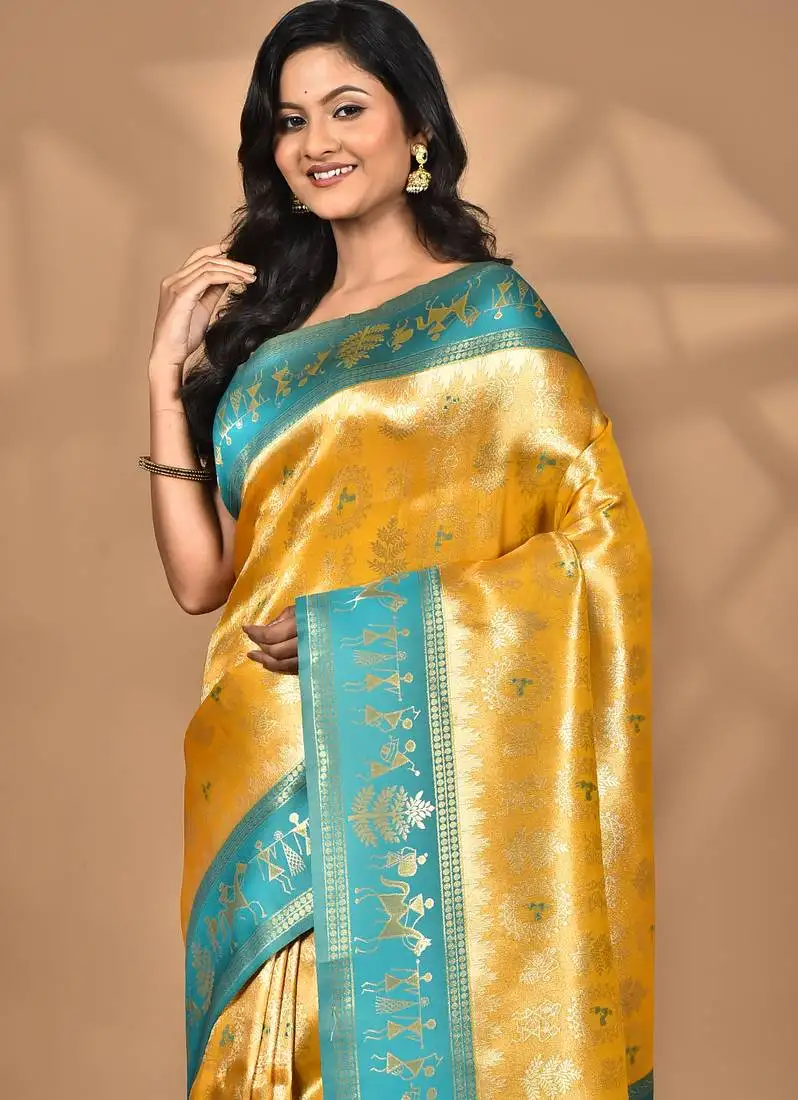 Yellow two dye silk blend saree with blouse piece