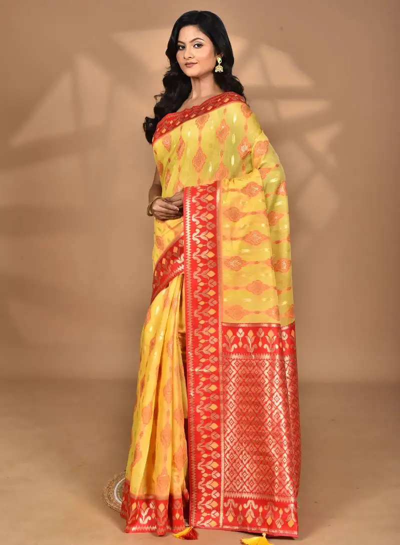 Yellow kashmiri silk linen saree with blouse piece