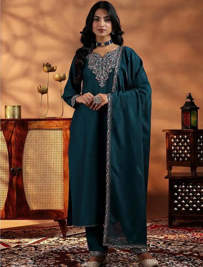 Teal blue vichitra heavy thread embroidery work kurta pant set
