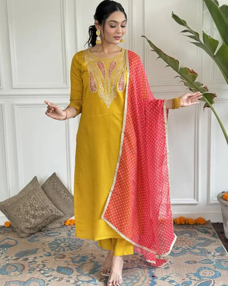 Elegant yellow colored party wear embroidered stitched viscose pant style kurti suit with duppatta