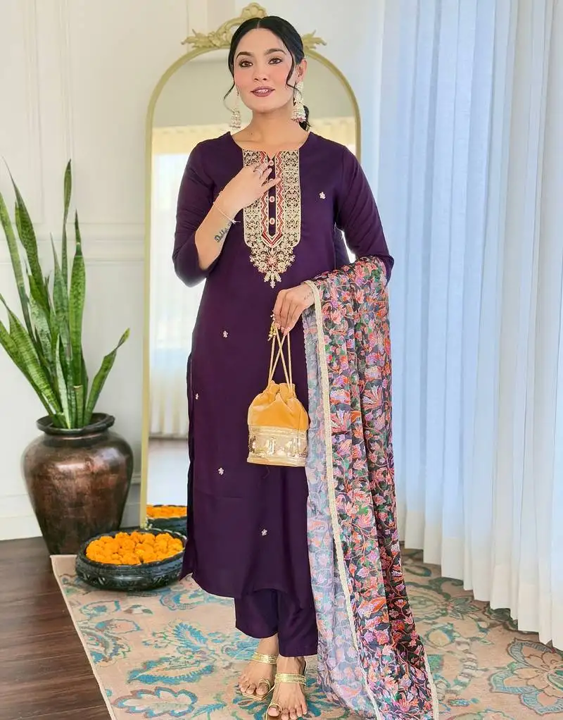 Elegant purple colored party wear embroidered stitched rayon pant style kurti suit with duppatta