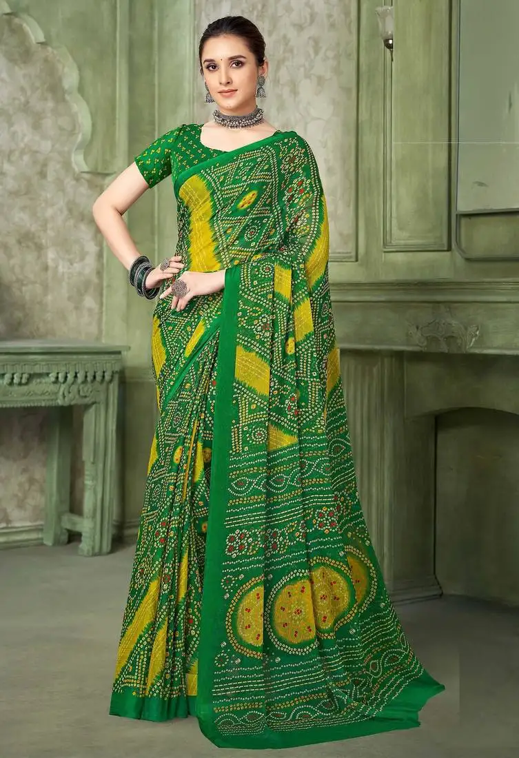 Green yellow chiffon bandhani double shaded printed saree with blouse