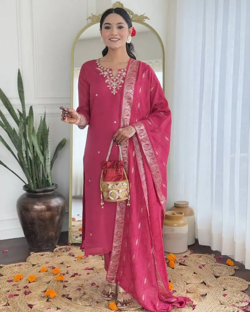 Elegant pink colored party wear embroidered stitched viscose pant style kurti suit with duppatta