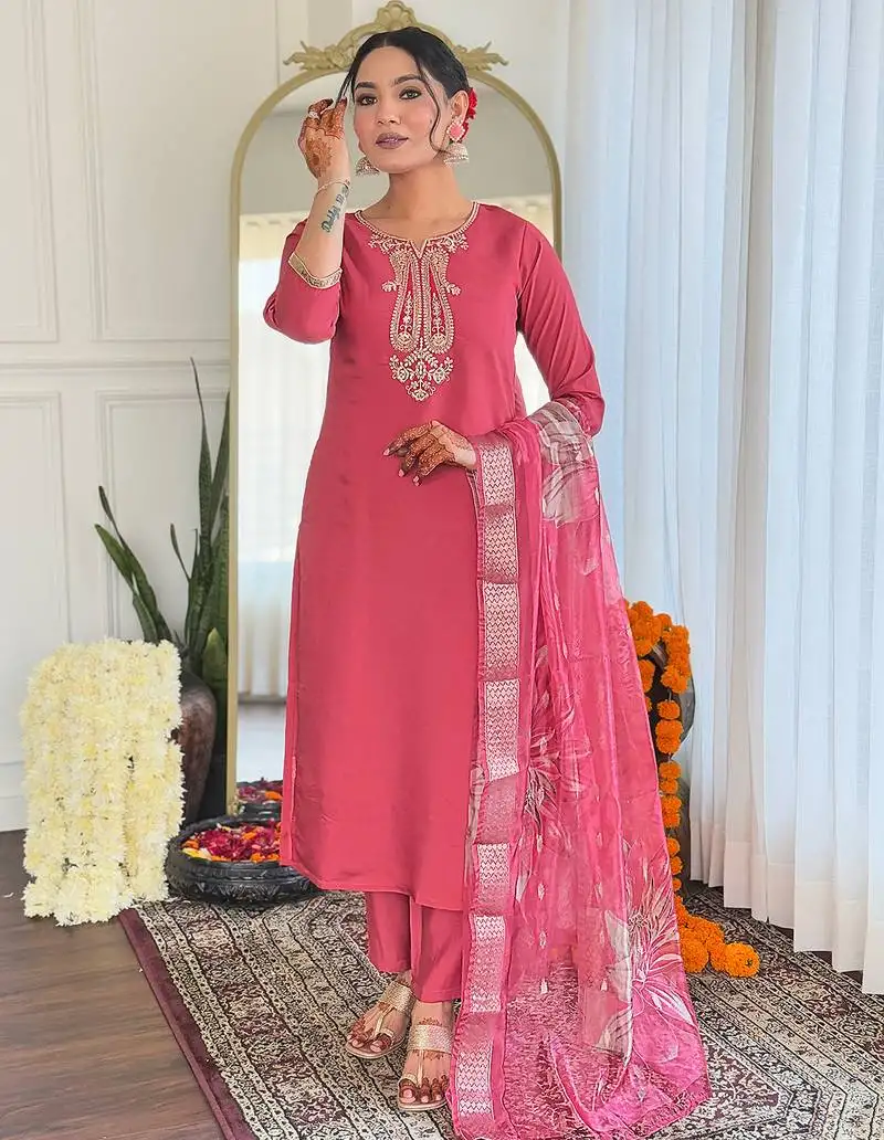 Elegant pink colored party wear embroidered stitched chanderi pant style kurti suit with duppatta